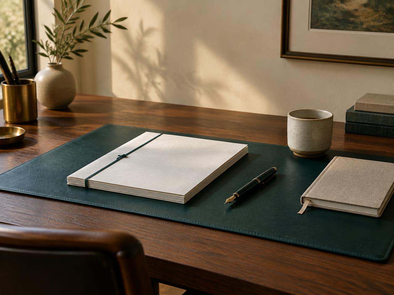 A bound document, fountain pen and notebook on a teal desk mat