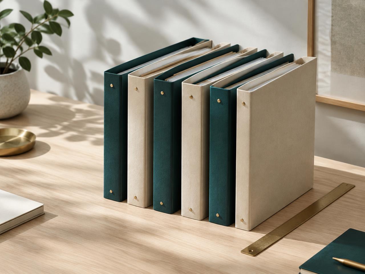 Six document binders arranged in sequence on a desk