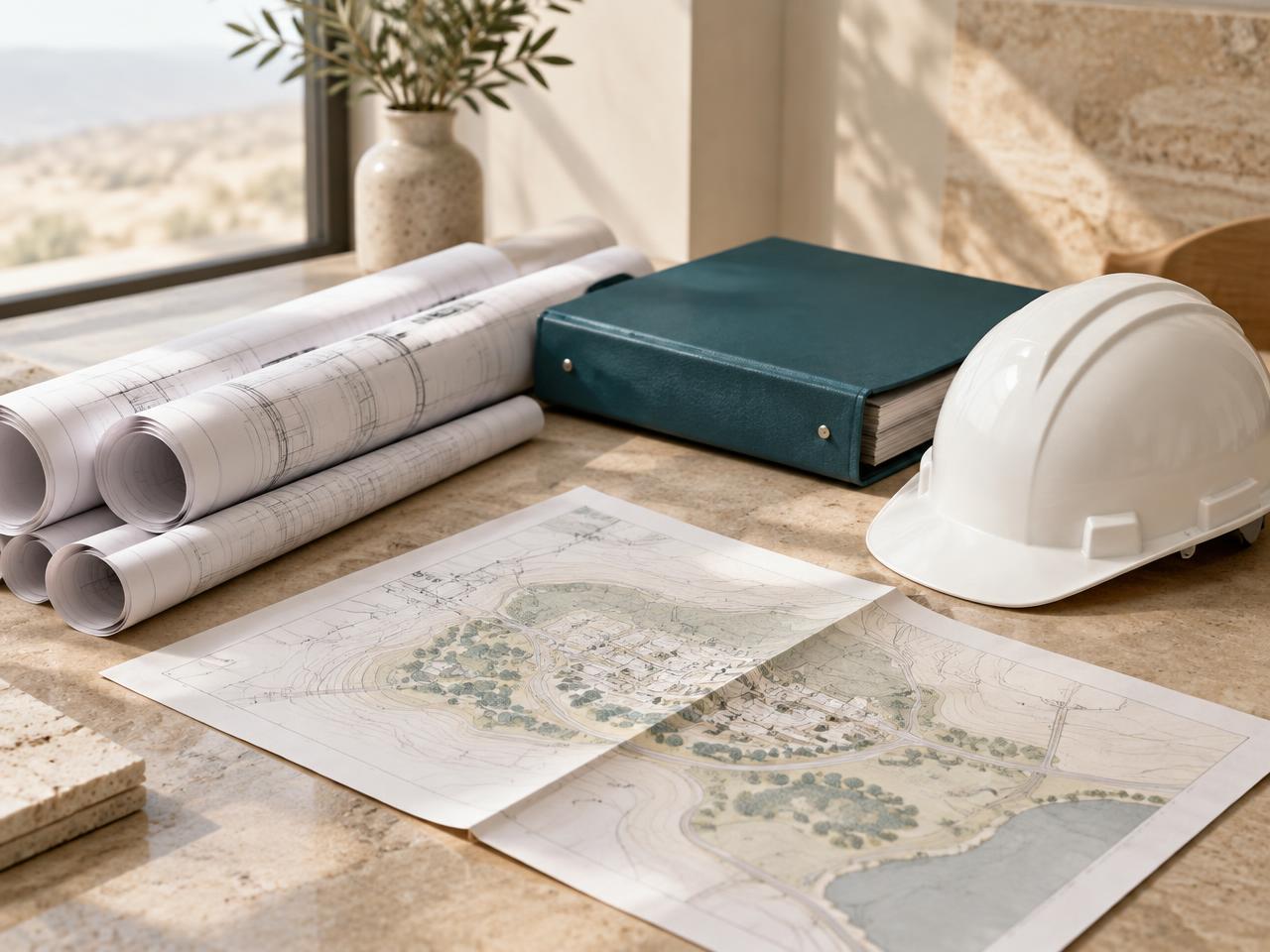 Technical drawings, a site plan, a safety binder and a hard hat on a desk